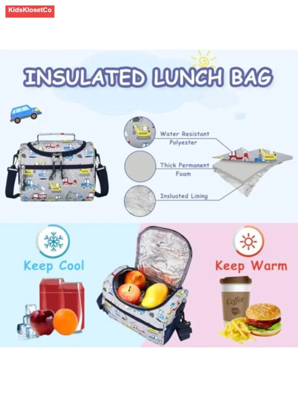 Insulated Lunch Box with Strap and Bottle Holder for Toddler